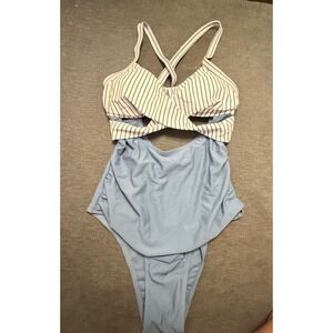 Blue Striped Cutout One Piece Swimsuit Monokini Womens Small Criss Cross‎ Back